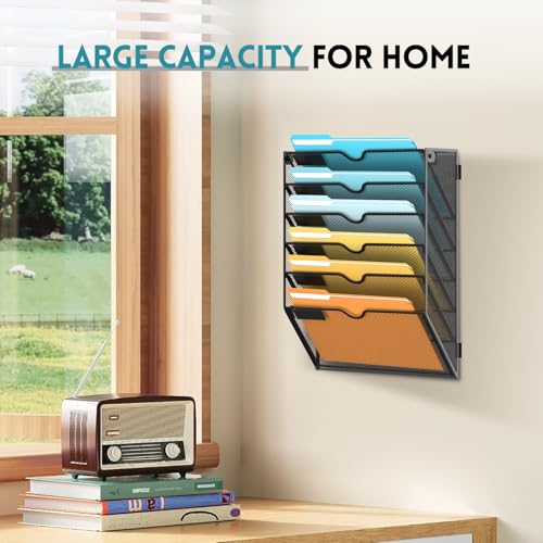 SUPEASY 6 Tier Wall File Organizer, Hanging Wall Mounted Mail Organizer with Label Slots, Metal Mesh File Holder Magazine Rack for Office, Home, School or Classroom, Black - color: Black, size: 6-Tier