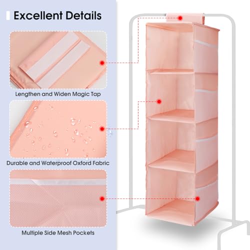 PetsHome 4-Shelf Hanging Closet Organizer, Space Saver, Closet Hanging Storage Shelves with Mesh Pockets & Magic Tap for Storage, Foldable-Pink - color: Pink, size: 4 Shelf