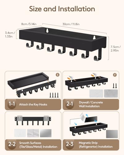 Key Holder Wall Mount Adhesive Magnetic - Hanging Key Hooks with Mail Organizer Tray for Wallet House - Keys Hanger Rack with Shelf for Camper Entryway Door Home Living Room Decor Large Black - color: Black, size: Large
