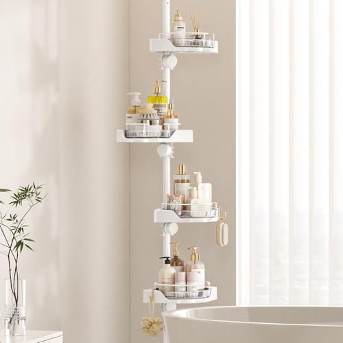akinbas Shower Caddy Tension Pole with 4 L-Lazy Susan Organizer 360 Rotating 35-128 Inch No Drilling Floor Standing Shelves Adjustable Shower Rack for Bathroom Corner (White) - color: White, size: 4 Tier-Rotation