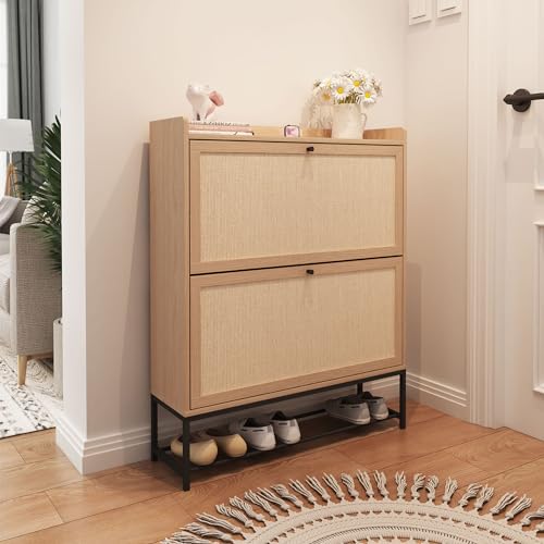 AVZEAR Narrow Shoe Storage Cabinet for Entryway with 2 Flip Drawers, Freestanding Shoe Cabinet with Natural Linen Panel, Slim Wood Shoe Organizer Closed Shoe Rack for Hallway, Foyer, Natural - color: Natural, size: 2 Drawers