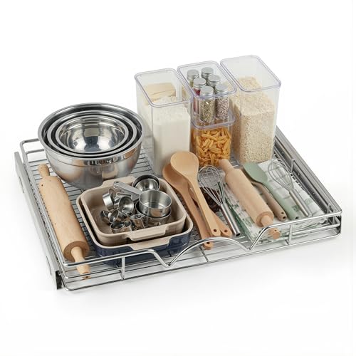 HOLDN’ STORAGE Pull Out Cabinet Organizer, Heavy Duty Caddy w/Lifetime Limited Warranty - 28”W x 21”D - Requires At Least 29-1/4” Cabinet Opening, Steel Metal Cabinet Drawers Slide Out, Chrome - size: 28"W x 21"D