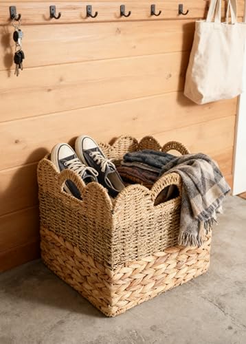 12x12 Storage Cube Bins Wicker Storage Basket for Cube Shelf, Set of 4 Collapsible Scalloped Storage Bins with Handle, Square Woven Baskets for Organizing Shelves Bedroom Pantry - color: Natural