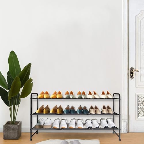 3-Tier Long Metal Shoe Rack,Extra Large Capacity Adjustable Stackable Shoe Organizer Shelf for Closet Entryway, Bedroom,Living Room, Floor,Hallway Shoe Shelf,Black 42" W × 24.5" H - color: 3-tier Black, size: 3-Tier Long