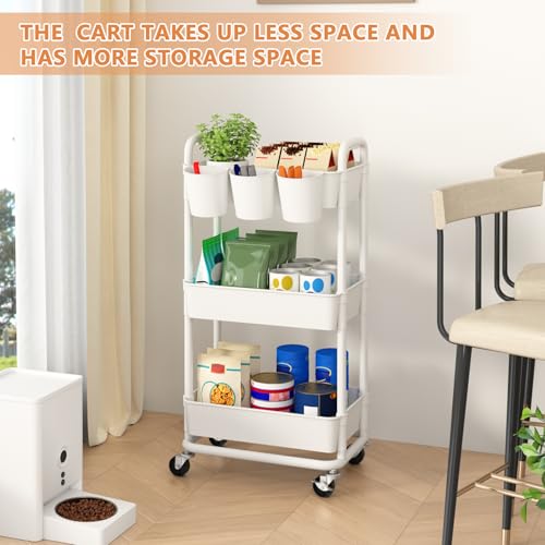 JIUYOTREE 3-Tier Plastic Rolling Storage Cart Utility Cart with Extra Hanging Cups Handles Lockable Wheels for Living Room Bathroom Kitchen Office White - color: White, size: 3-Tier