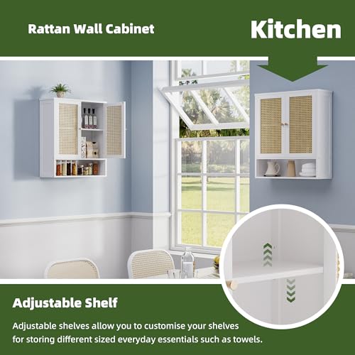 Bathroom Wall Cabinet, Bamboo Over-The-Toilet Storage Organizer with 2 Rattan Doors and Adjustable Shelf, Space Saver Medicine Cabinet for Laundry, Kitchen, Living Room (White) - color: White