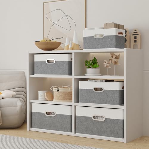 Yawinhe Fabric Storage Bins with Handles, Foldable Baskets for Shelves, Cubes with 3 Handles, Large Boxes for Clothes, White/Grey, 16.9''Lx11.8''Wx10.2''H, 4-Pack - color: White/Grey, size: 16.9x11.8x10.2inch(4-Pack)