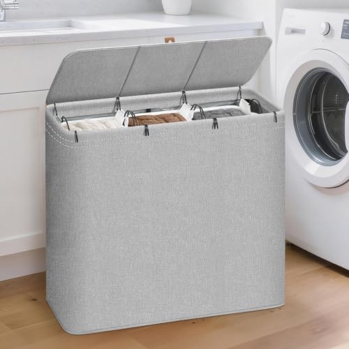 STORAGE MANIAC Triple Laundry Hamper with Lid, 180L Tall Metal Frame Laundry Baskets with Removeable Bag, Large Clothes Hamper with PU Tag, Laundry Bin for Dorm, Collage, Bathroom, Bedroom, Gray - size: 3 Section