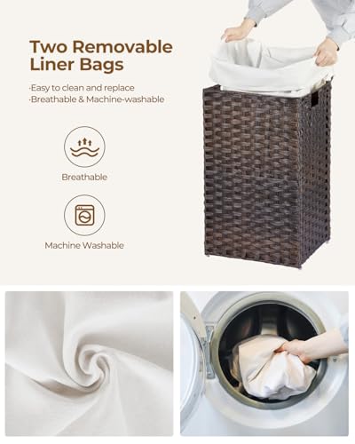 Greenstell Laundry Hamper with Lid, 60L Clothes Hamper with 2 Removable Liner Bags & 2 Mesh Laundry Bags, Handwoven Synthetic Rattan Laundry Basket for Clothes, Toys in Bathroom, Bedroom Brown - color: Brown, size: 60L (13.4 x 13.4 x 21.7 inches)