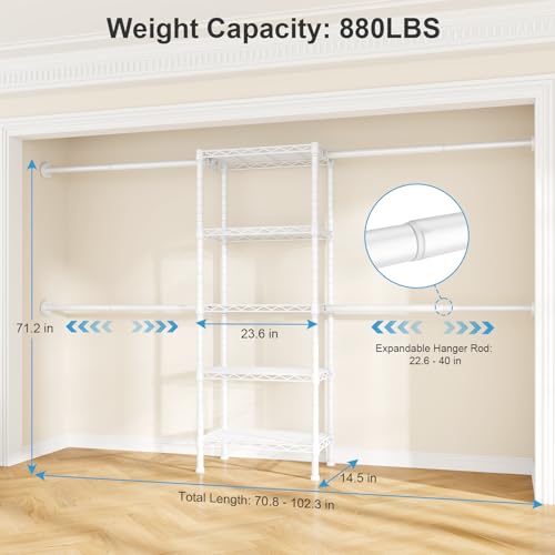Ulif M2 Wall Mounted Closet System, Clothes Rack Mounted onto the Wall with 4 Expandable Hanger Rods and 5 Metal Shelves, Clothing Organizer Storage in (70.8-102.3)" L x 14.5" D x 71.2" H, White - color: White, size: M2
