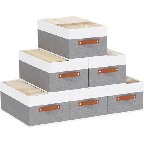 Storage Basket for Shelves, Closet Bin with Handles, 18.5×11×7.9inch Open Foldable Baskets, Fabric Containers Clothes Boxes for Organizing, White and Grey, 6-Pack - color: White/Grey, size: Jumbo -6 Pack