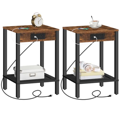 HOOBRO Side Table with Charging Station and Wire Cube Storage Organizer, Set of 2 End Table, 6-Cube Shelves, Modular Shelves with Metal Grid, DIY Closet Cabinet, BF91UBZP201-BF06CW01