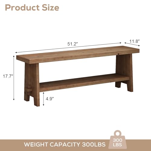 HOKYHOKY Solid Wood Entryway Bench - 51.2" Farmhouse Long Storage Bench, Rustic Narrow Bench Seat for Indoor, Entryway, Dining Room, Living Room and Hallway, Brown - size: 51.2"