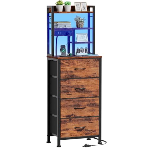 Furnulem Tall Night Stand, LED Nightstand with Charging Station and USB Ports, 4 Fabric Drawers and 4 Tier Storage Shelf, Bedside Table for Bedroom, Home, Dorm, Office (Rustic Brown) - color: Rustic Brown, size: 4 Drawer