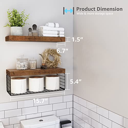 QEEIG Bathroom Shelves Over Toilet - Wall Mounted Floating Shelves Toilet Paper Storage Small Farmhouse Decor Shelf 16 inch Set of 2, Rustic Brown (019-BN2) - color: A. Brown, size: 2pcs