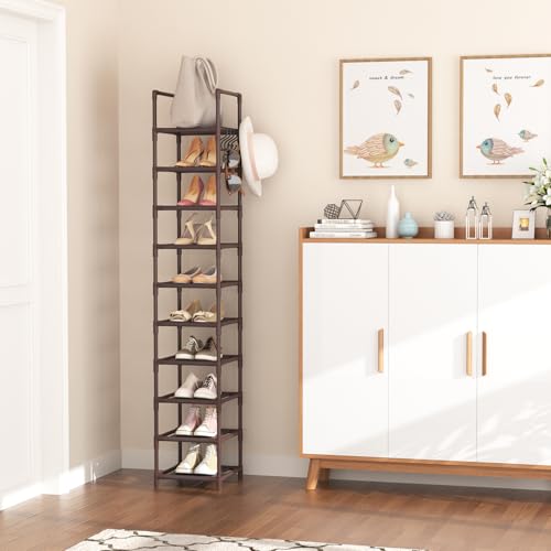 LANTEFUL Tall Shoe Rack 10-Tier Narrow Shoe Shelf Storage for 10-15 Pairs Shoe and Boot, Sturdy Shoe Storage Space Saving Corner Shoe Rack Organizer for Closet, Entryway, Living Room, Brown - color: Brown, size: 10 tiers