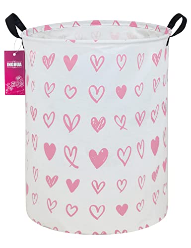 Laundry Hamper Large Canvas Fabric Lightweight Storage Basket/Toy Organizer/Dirty Clothes Collapsible Waterproof for College Dorms, Boys and Girls Bedroom,Bathroom(Pink hearts) - color: Pink hearts