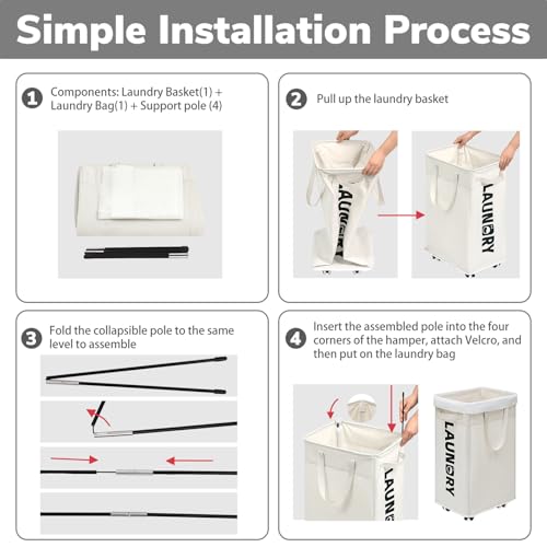 Goodpick Laundry Baskets with Wheels and Handle, 2-Pack 75L Collapsible Laundry Baskets, Clothes Laundry Basket with Removable Wash Bags for Corner Dorm, White Rolling Laundry Hamper - color: White 2-Pack
