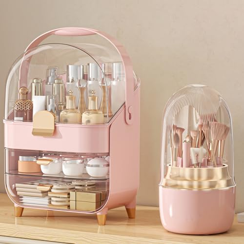 Makeup Organizer Countertop, Skincare Holder Bathroom Counter Organizer, Storage Box Cosmetic Display Cases, Teen Girl Gifts Make up Organizers (Pink/Brush) - color: Pink/Brush