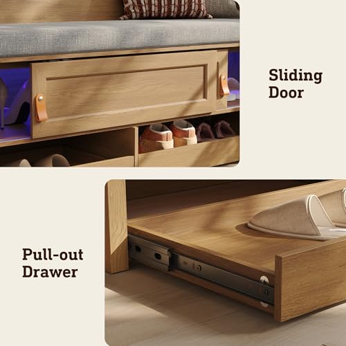 STO’Sense 47" Shoe Storage Bench with Cushion, Entryway Bench with UV Light & Backrest, Farmhouse Shoe Cabinet Bench with 2 Sliding Doors & 2 Pop-Out Drawers for Bedroom End of Bed, Hallway (Oak)