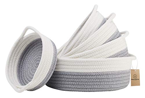 NaturalCozy 5-Piece Round Small Woven Baskets Set– Cotton Rope Baskets for Organizing! Montessori Toys, Fruits Remotes Key Tray Bowl for Entryway Desk, Shallow Catchall Home Décor, Cat Dog Bin Gift - color: Off White & Gray