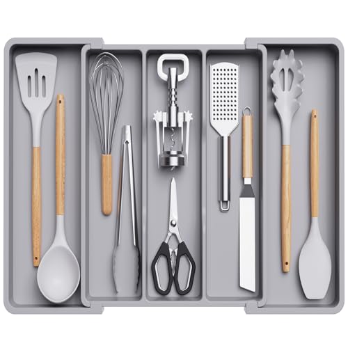 Lifewit Utensil Organizer for Kitchen Drawers, Expandable Cooking Utensil Tray, Adjustable Cutlery Silverware Flatware Holder, Plastic Spatula Tools Storage Divider, 13-22 x 15", Gray - color: Gray, size: Large(13-22''W x 15"D)