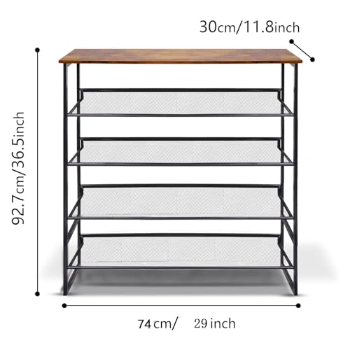 Garden 4 you Shoe Rack for Entryway 5 Tiers 11.8" D x 29" W x 36.5" H, Metal Shoe Rocks with Brown Wooden Tabletop, Angled Shoes Rack with Adjustable Mesh Shelves for Entryway Hallway Closet - color: Rustic Brown, size: 5-Tiers