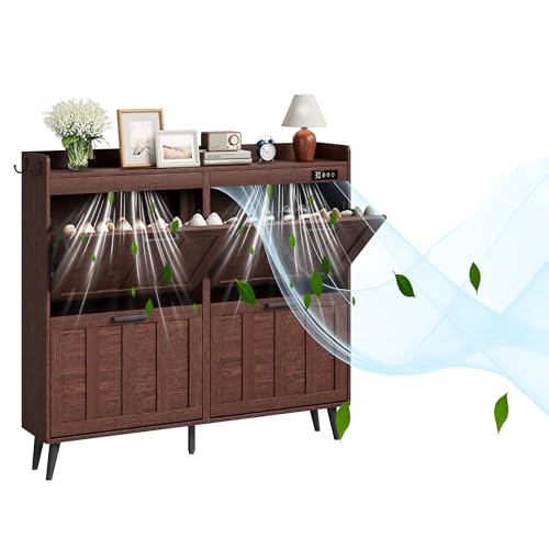 ChooChoo Shoe Storage Cabinet with 4 Flip Drawers, Deodorizing Shoe Organizer Storage for Entryway, Freestanding Hidden Slim Narrow Shoe Rack Cabinet, Walnut - color: Walnut, size: 4-Drawers