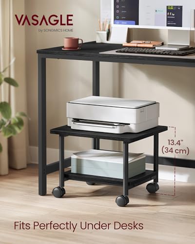 VASAGLE Printer Stand with Locking Wheels, Industrial Mobile Cart, Under Desk Printer Table for Home Office, 18.9 x 15.7 x 13.4 Inches, Storage Shelf, 2-Tier, Ebony Black - color: Ebony Black, size: 2 Tiers/Compact