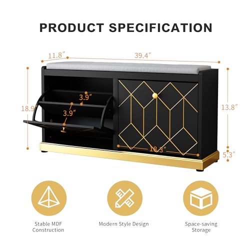 HLR Modern Shoe Bench with Storage, Entryway Bench with 2 Flip Drawer & Padded Cushion Seat, Shoes Storage Bench for Hallway, Closet, Living Room, Black Shoe Storage Cabinet with Bench - color: Black