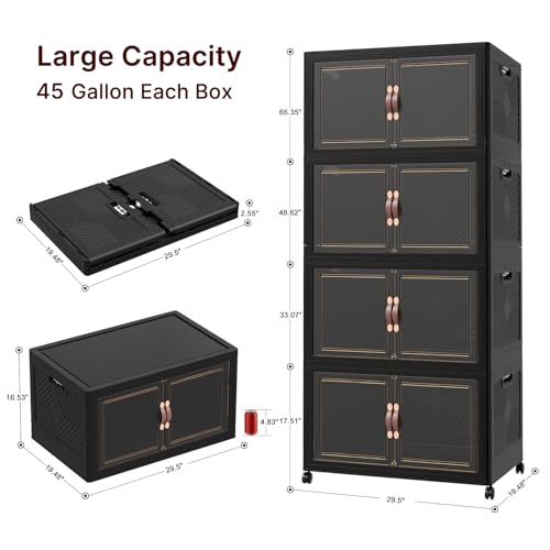 UAMFURI Stackable Storage Bins with Lids, 720QT Lockable Storage Cabinet, Foldable Storage Box with Doors and Wheels, Plastic Drawers for Home, Garage, Office (4, Black, Extra Large) - color: Black, size: Extra Large