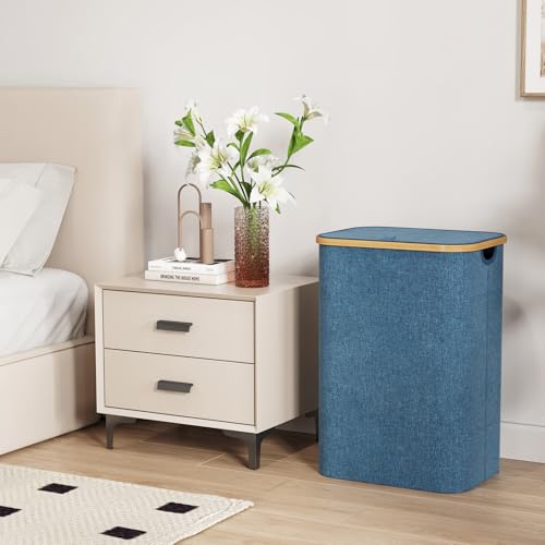 Lifewit 80L Laundry Basket with Lid, Clothes Hampers for Laundry with Bamboo Handles and 1 Removable Bag, Large Foldable Laundry Hamper for Bedroom, Bathroom, Dorm, Laundry Room, Dark Blue - color: Dark Blue, size: 80L