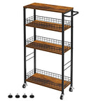 YBING Slim Storage Cart 4 Tier Narrow Kitchen Rolling Cart with Wooden Tabletop Mobile Utility Stand on Wheels for Bathroom Laundry Narrow Places Rustic Brown 16.5''L X 7.3''W X 34.6''H - color: Browm
