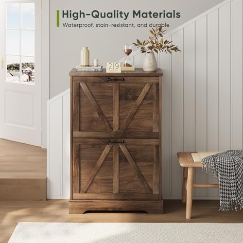 Smart FENDEE Shoe Cabinet, Shoe Storage Cabinet for Entryway with 2 Flip Drawers, Narrow Farmhouse Shoe Organizer Cabinet, Slim Shoe Rack Cabinet, 23.6in Walnut - color: Walnut, size: Width - 23.6 inches