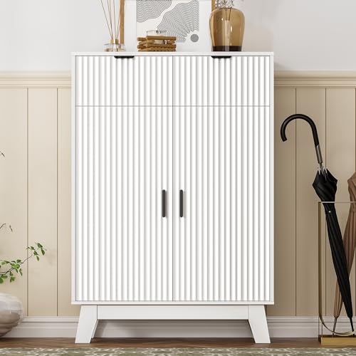 Shoe Cabinet Storage for Entryway, 4 Tier Fluted Shoe Storage Cabinet with 2 Drawers, Narrow Hidden Shoe Organizer with Adjustable Shelves, Freestanding Shoe Rack for Entryway, Hallway, White - color: White, size: 4 Tier