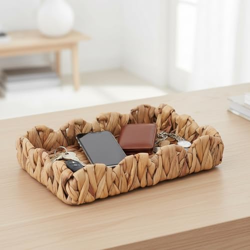 Rustic Wicker Key Basket for Entryway Table, Handwoven Valet Catchall Tray for Dresser, Decorative Petal-Arc Border Trays for Keys Wallet & More, 12"x8"
