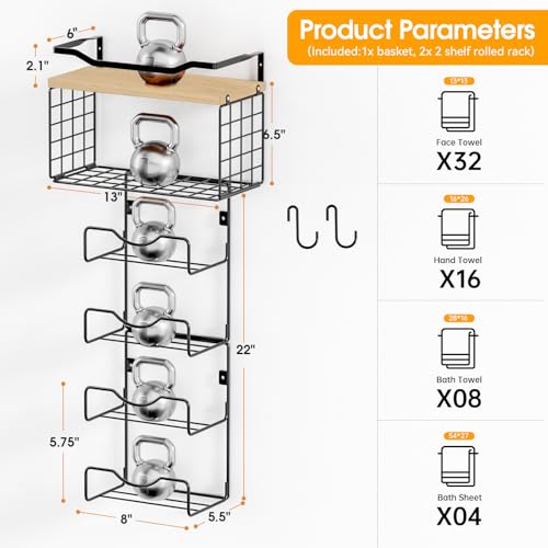Towel Racks for Bathroom,Towel Rack Wall Mounted, 6 Tier Rolled Or Folded Towel Holder with Floating Shelves, Bathroom Towel Holder for Bath, Hand Towels,Metal,Walnut Wood Panel - color: Walnut Plack, size: J-type Black Rack
