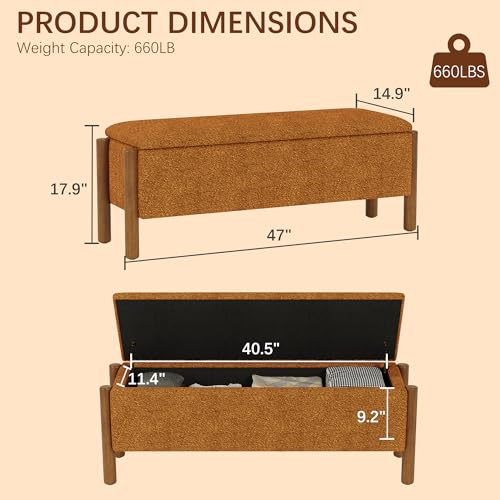 Modern Storage Benches with Walnut Wood Legs, 47'' Ottoman Bench with 20 Gallons Storage Space for Bedroom End of Bed, Fabric Upholstered Entryway Bench with Seating for Livingroom, Orange - color: Orange