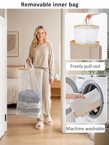 IEGrow Laundry Basket with Lid, Large Laundry Hamper with Handle and Lid, Collapsible Clothes Basket Organizer with Removable Inner Bag for Clothes Towels (Oatmeal, 110L) - color: Oatmeal, size: 110L