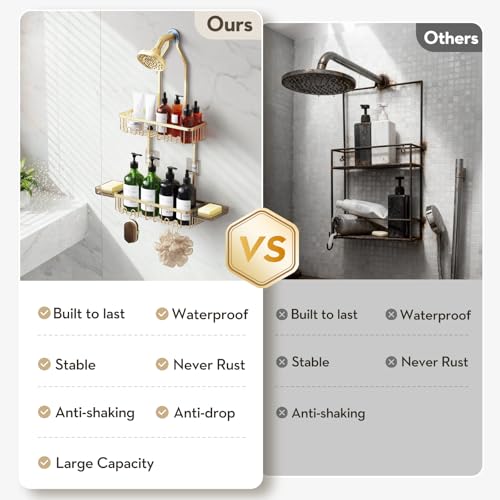 Shower Caddy Hanging, Shower Organizer Hanging, Aluminum Shower Racks for Inside Shower with Hooks for Razor, Never Rust Bathroom Organizers and Storage with Soap Holder, Gold - color: Gold