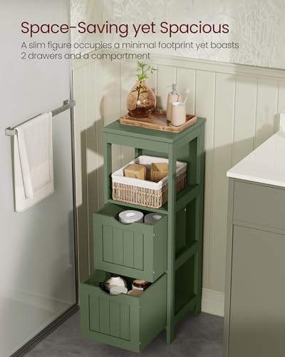 VASAGLE Storage Cabinet, Storage Organizer Rack Stand for Bathroom, Living Room, Multifunctional Corner Unit, 2 Drawers, 35 Inches in Height, Forest Green UBBC042C01 - color: Forest Green, size: 35"H