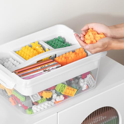 CraftGenes Craft Storage Box with Removable Tray, 20 QT Clear Plastic Organizer with Lids, White Playdoh Storage Containers for Crafts Supplies, Tools, Puzzles - size: 1-Pack