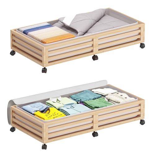 Wisuce Bamboo Under Bed Storage Containers- Underbed Organizer with Wheels with Dust Bag,Sturdy Wood Rolling Under the Bed Shoe Storage Organizer Drawers (Nature, 2 Pack (33.07"×16.54")) - color: Nature, size: 2 Pack (33.07"×16.54")