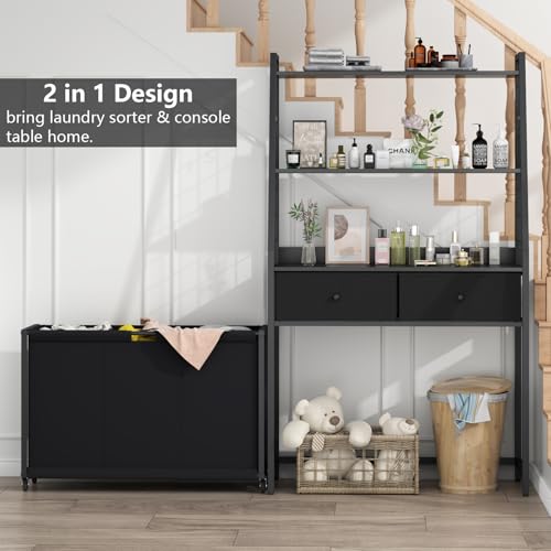 Gyfimoie Laundry Sorter with 2 Drawers, 3 Section Laundry Hamper with 2 Tiers Shelf,120L with Pull-Out Rolling Bags,Laundry Organizer for Laundry Room,Bathroom,Dorm (Black)