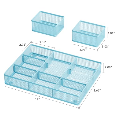 Marbrasse 3 Packs Desk Drawer Organizers, Metal Mesh Dividers with 9 Adjustable Compartments, Pen Organizer for Drawer Tray Box Accessories for Desktop,Kitchen, Makeup(Blue) - color: Blue