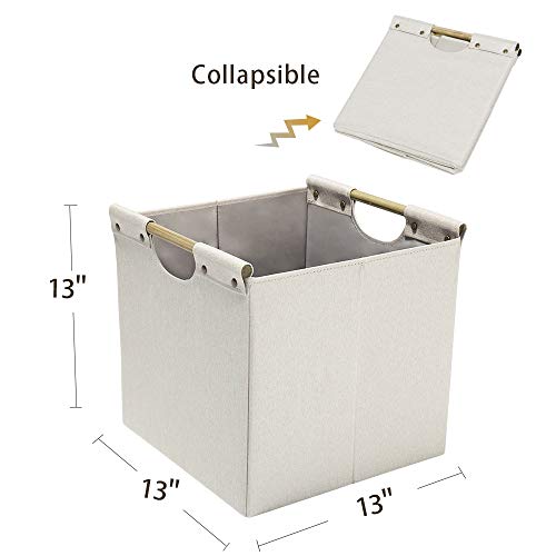 HOONEX Collapsible Storage Bins, 13x13x13in Storage Cubes Linen Fabric, 3 Pack, Storage Baskets with Wooden Carry Handles and Sturdy Heavy Cardboard, for Home, Office, Car, Nursery, Beige - color: Beige, size: 13" L x 13" W x 13" H
