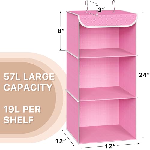 Simple Houseware 3-Shelf Hanging Closet Organizer, Fabric Storage Shelves with 57L Capacity, Pink - color: Pink