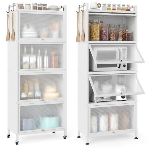 Giantex 5-Tier Kitchen Storage Cabinet, Mobile Microwave Stand with Flip-up PC Doors, Freestanding Kitchen Bakers Rack with 4 Rolling Casters, for Dining Room, Living Room and Study (White) - color: White