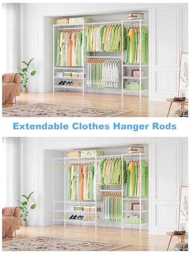 Ulif E11 Heavy-Duty Garment Rack, Metal Freestanding Clothes Rack and Closet Storage Organizer with 8 Shelves and 4 Hanger Rods, (73.2-97.6)" W x 14.5" D x 71.2" H, Load 1034 LBS, White - color: White
