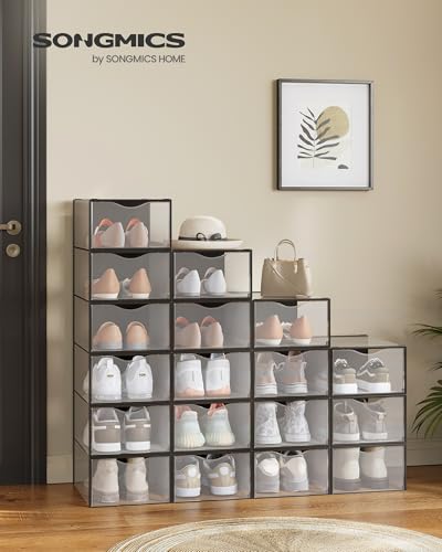 SONGMICS Shoe Boxes, Shoe Storage Organizers Rack for Closet, Plastic Stackable Sneaker Containers Case, 18 Pack, Transparent and Ink Black ULSP318B01 - color: Transparent + Ink Black, size: 18 Count Fit Size 11